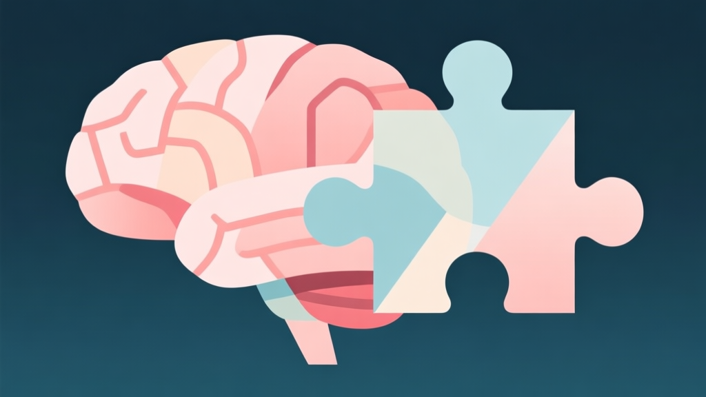 Abstract geometric composition with overlapping brain and puzzle piece shapes, soft pastel colors, modern minimal style, professional neuroscience concept illustration high quality illustration, detailed, 16:9