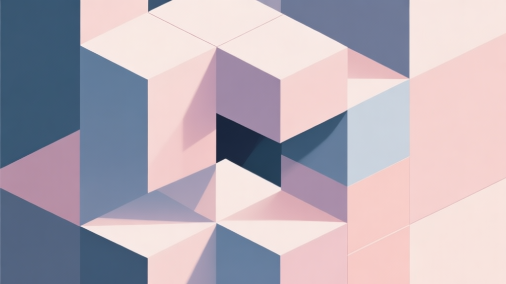 Abstract geometric composition with overlapping 3D cubes and impossible shapes, soft pastel colors, modern minimal style, professional concept of spatial puzzle and perception high quality illustration, detailed, 16:9