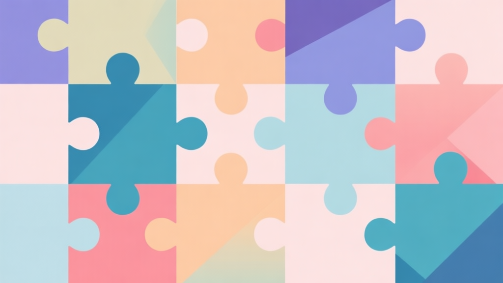 Abstract geometric composition with overlapping colorful puzzle pieces, soft pastel colors, modern minimal style, professional business concept illustration high quality illustration, detailed, 16:9