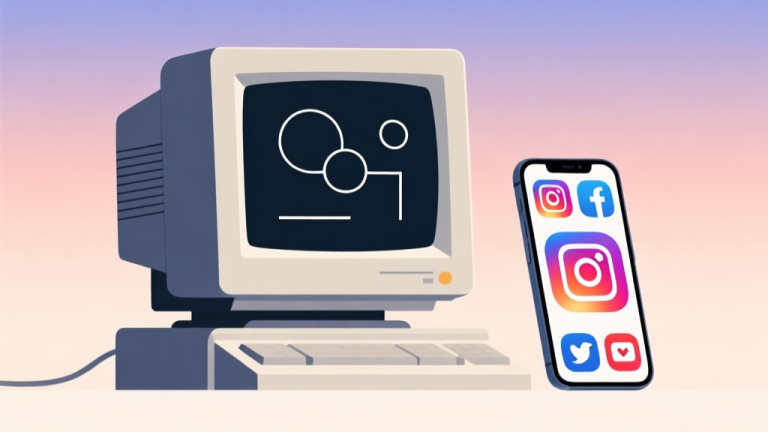 自动生成图片: A minimalist illustration showing a retro computer monitor displaying simple geometric shapes (circles, lines) next to a modern smartphone with vibrant social media icons, on a soft gradient background, representing the bridge between nostalgia and current trends high quality illustration, detailed, 16:9