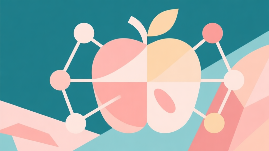 Abstract geometric composition with overlapping fruit-like shapes and connected nodes, soft pastel colors, modern minimal style, representing teamwork and adventure concept high quality illustration, detailed, 16:9