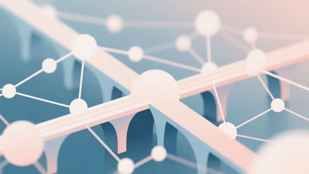 Abstract network nodes connected by lines, soft color scheme, clean minimal illustration, modern digital concept of connection and bridges high quality illustration, detailed, 16:9