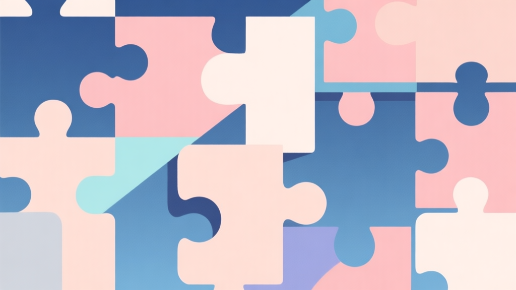 Abstract geometric composition with overlapping shapes and puzzle pieces merging, soft pastel colors, modern minimal style, professional game concept illustration high quality illustration, detailed, 16:9