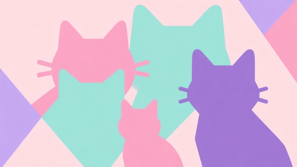 Abstract geometric composition with overlapping shapes in the form of cute cat silhouettes, soft pastel colors like pink, mint, and lavender, modern minimal style, professional game concept illustration high quality illustration, detailed, 16:9