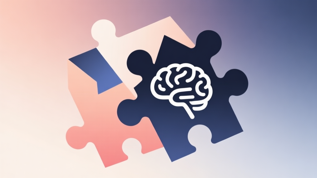 Abstract geometric composition with overlapping puzzle pieces and brain icon, soft gradient background, minimalist design, professional gaming concept illustration high quality illustration, detailed, 16:9