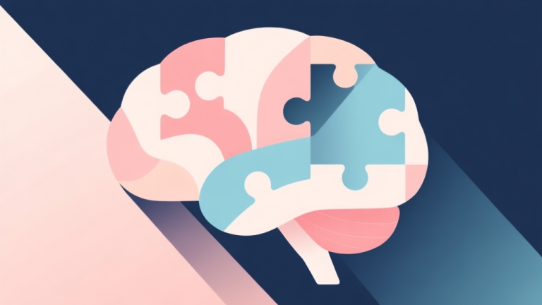 自动生成图片: Abstract geometric composition with overlapping shapes forming a brain and puzzle pieces, soft pastel colors, modern minimal style, professional digital wellness concept illustration high quality illustration, detailed, 16:9