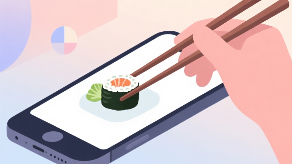 A minimalist, clean illustration of a pair of chopsticks delicately picking up a small, intricate piece of sushi or vegetable on a smartphone screen. Soft pastel background with gentle gradient, abstract geometric shapes representing focus and patience. high quality illustration, detailed, 16:9
