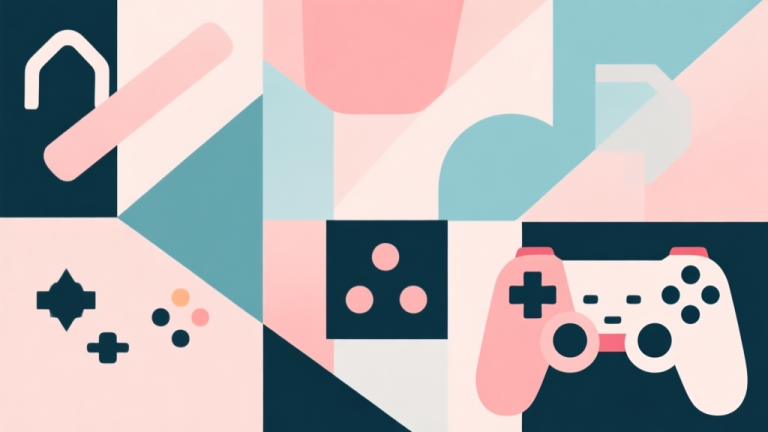 自动生成图片: Abstract geometric composition with overlapping shapes representing casual and hardcore games, soft pastel colors, modern minimal style, professional market trend illustration high quality illustration, detailed, 16:9