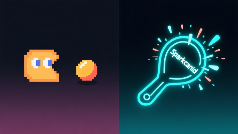 自动生成图片: A split-screen illustration showing a classic pixelated Arkanoid paddle and ball on the left, and a modern, sleek, neon-lit Sparkanoid paddle with particle effects on the right, on a dark gradient background, minimalist design high quality illustration, detailed, 16:9