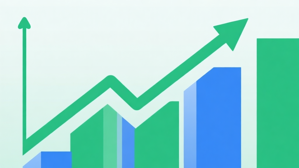Upward trending graph with simple geometric elements, green and blue color palette, clean business infographic style, minimal design, representing market growth high quality illustration, detailed, 16:9