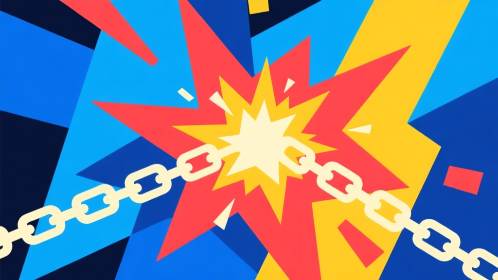Abstract geometric composition with overlapping shapes in vibrant game-like colors (blues, reds, yellows), clean minimal style, showing a chain reaction explosion concept, dynamic and energetic feel high quality illustration, detailed, 16:9