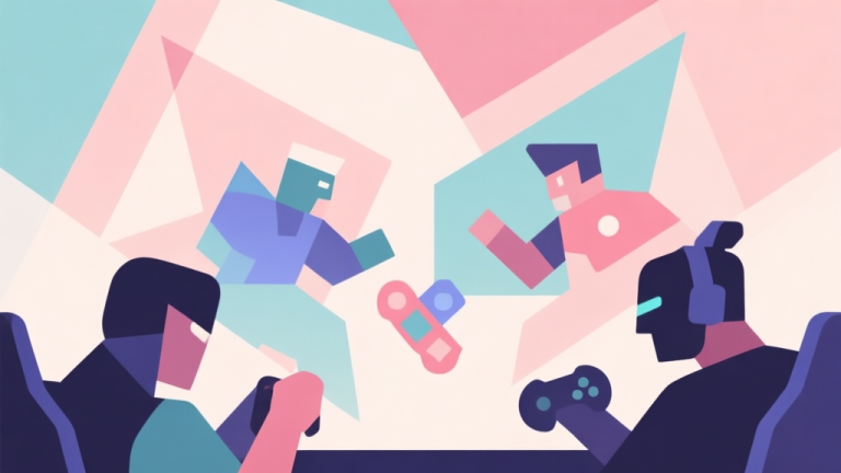 自动生成图片: Abstract geometric composition with overlapping shapes representing game characters in competition, soft pastel colors, modern minimal style, professional gaming concept illustration high quality illustration, detailed, 16:9