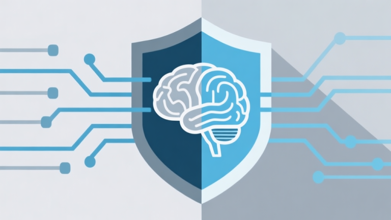 自动生成图片: Abstract geometric composition of a shield and a brain connected by circuit lines, soft blue and grey color scheme, modern minimal style, representing defense and strategy high quality illustration, detailed, 16:9