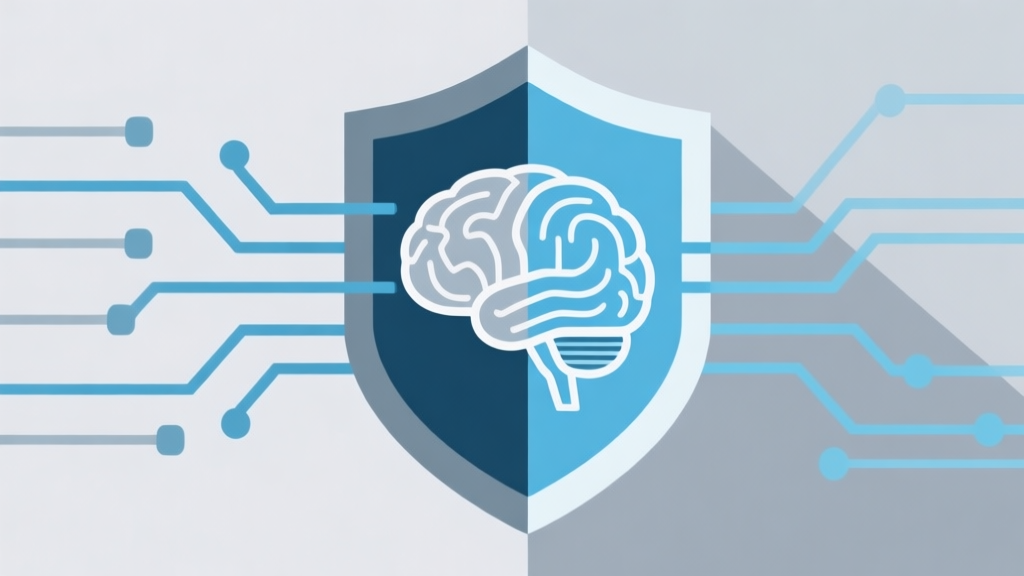 Abstract geometric composition of a shield and a brain connected by circuit lines, soft blue and grey color scheme, modern minimal style, representing defense and strategy high quality illustration, detailed, 16:9