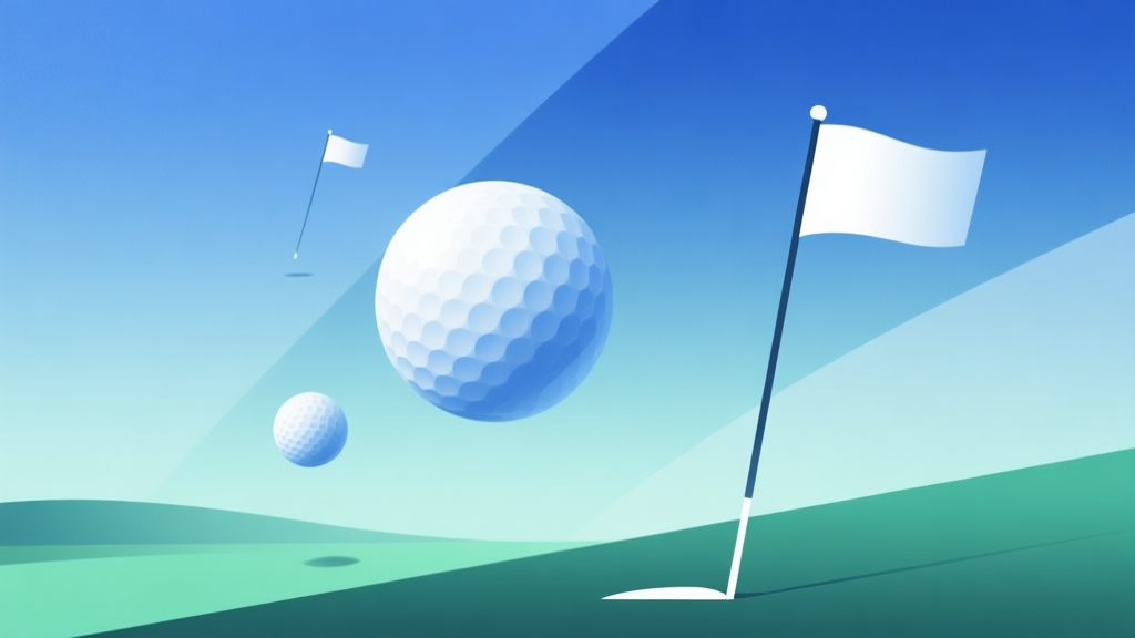 Abstract geometric composition with floating spheres and minimalist golf flags, soft gradient blue and green background, clean lines representing zero-gravity movement, modern minimal style, professional game concept illustration high quality illustration, detailed, 16:9
