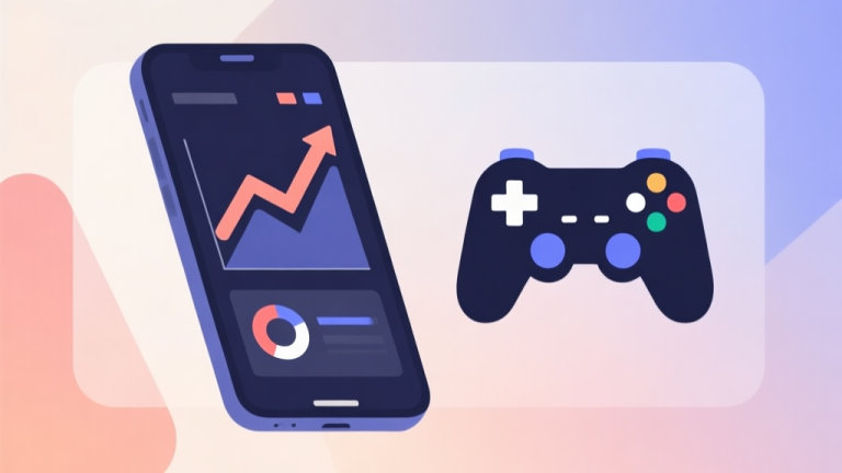 自动生成图片: Minimalist business dashboard with abstract data visualization showing upward trends on mobile phone and game controller icons, soft gradient background, professional color scheme, clean geometric shapes, flat design style high quality illustration, detailed, 16:9