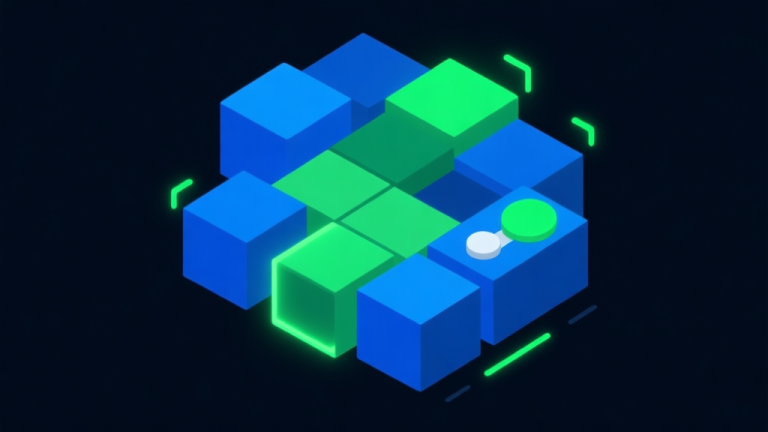 自动生成图片: Abstract geometric composition with overlapping blue and green blocks, some glowing with activation, on a dark minimalist background, representing interactive toggle mechanics in a puzzle game high quality illustration, detailed, 16:9