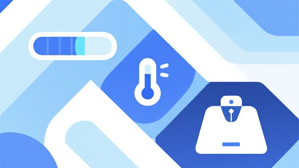 Abstract geometric composition with overlapping shapes representing stamina bar, cold temperature icon, and weight scale, soft blue and white pastel colors, modern minimal style, professional game mechanic concept illustration high quality illustration, detailed, 16:9