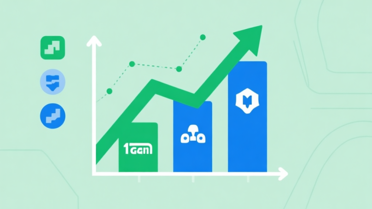 自动生成图片: Upward trending graph with simple geometric elements representing different game genres, green and blue color palette, clean business infographic style, minimal design high quality illustration, detailed, 16:9