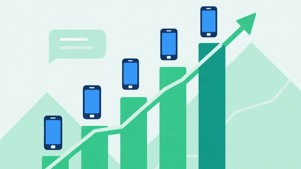 Upward trending graph with simple geometric elements, green and blue color palette, clean business infographic style, minimal design, showing mobile phone icons rising high quality illustration, detailed, 16:9