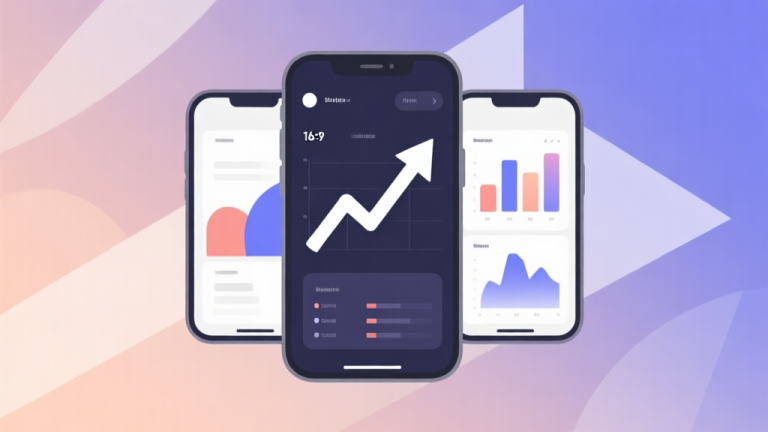 自动生成图片: Minimalist business dashboard with abstract data visualization showing upward trends on mobile devices, soft gradient background, professional color scheme, clean geometric shapes, flat design style high quality illustration, detailed, 16:9