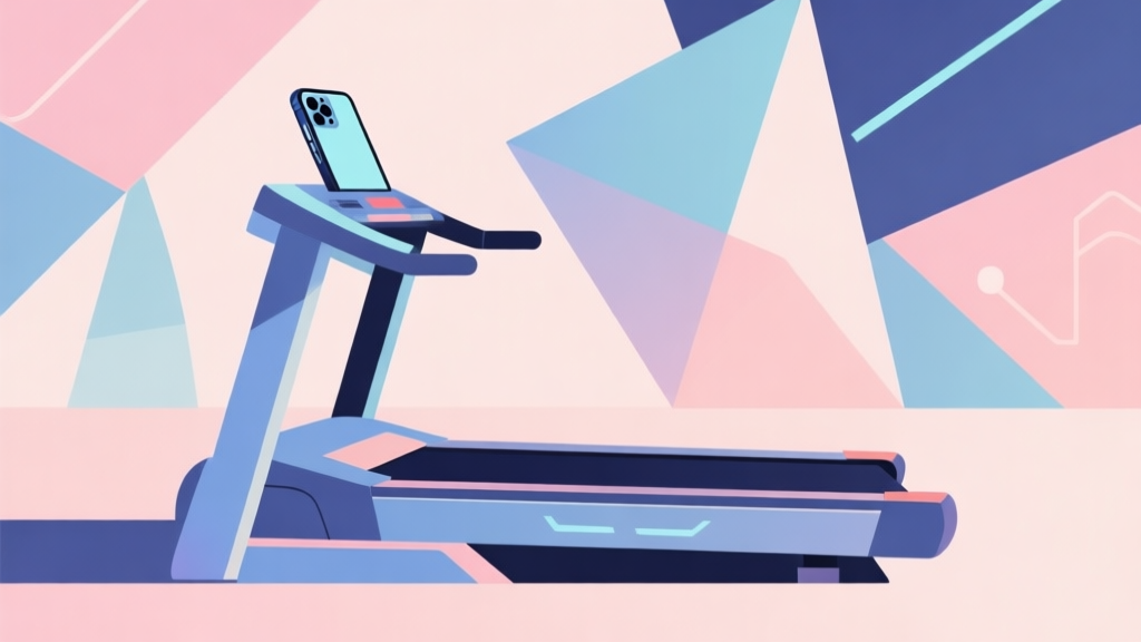 Abstract geometric composition with overlapping shapes representing a futuristic treadmill and a smartphone, soft pastel colors, modern minimal style, professional gaming technology concept illustration high quality illustration, detailed, 16:9