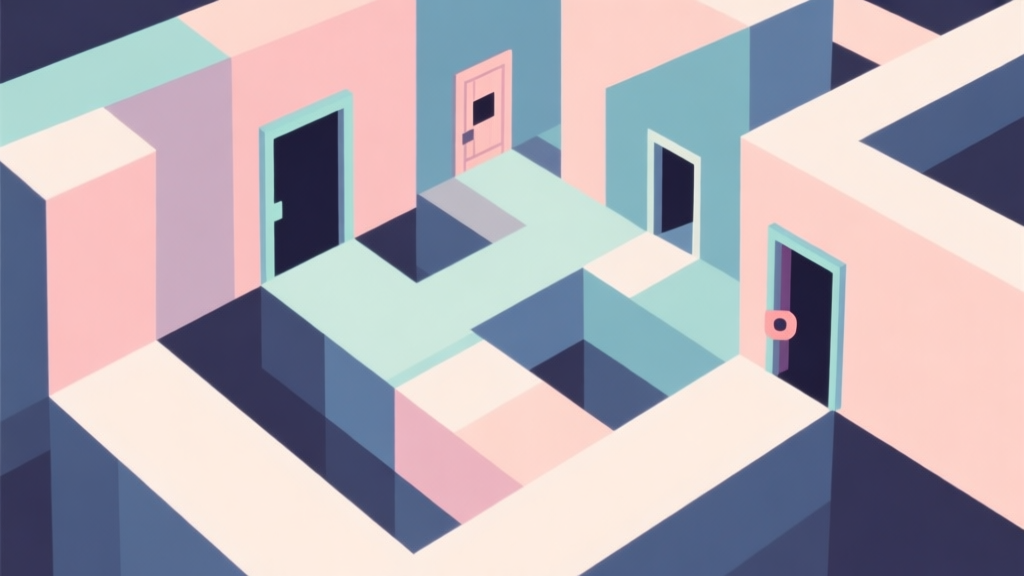 Abstract geometric composition with overlapping shapes representing hidden paths and secret doors in a video game level, soft pastel colors, modern minimal style, professional game design concept illustration high quality illustration, detailed, 16:9