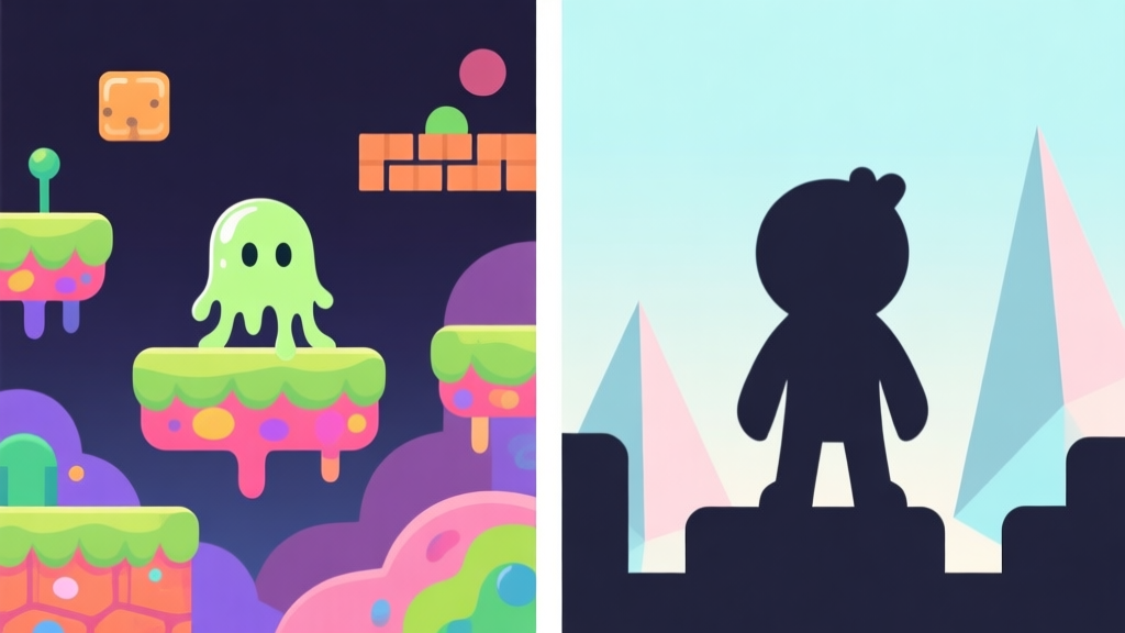 Side-by-side comparison of minimalist game character silhouettes on different platformer backgrounds, one with a slime-like character on colorful organic platforms, the other on sharp geometric ones, clean illustration, pastel colors high quality illustration, detailed, 16:9