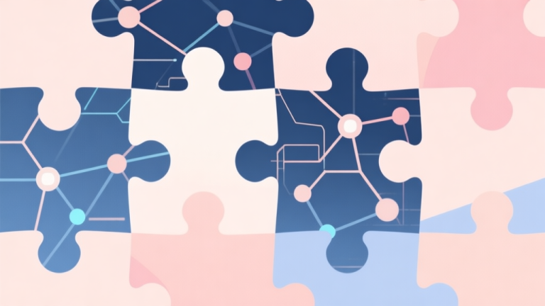 自动生成图片: Abstract geometric composition with overlapping puzzle pieces and digital network nodes, soft pastel colors, modern minimal style, representing fusion of classic and tech trends high quality illustration, detailed, 16:9