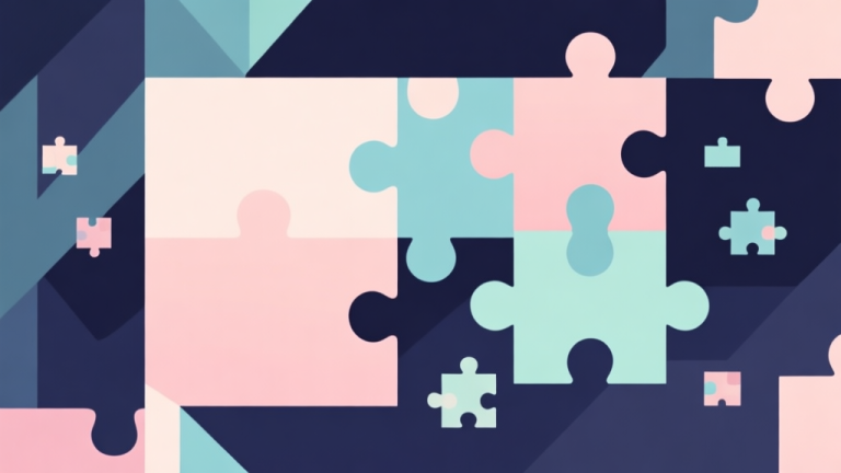 自动生成图片: Abstract geometric composition with contrasting giant and tiny puzzle pieces, soft pastel colors, modern minimal style, professional game design concept illustration high quality illustration, detailed, 16:9