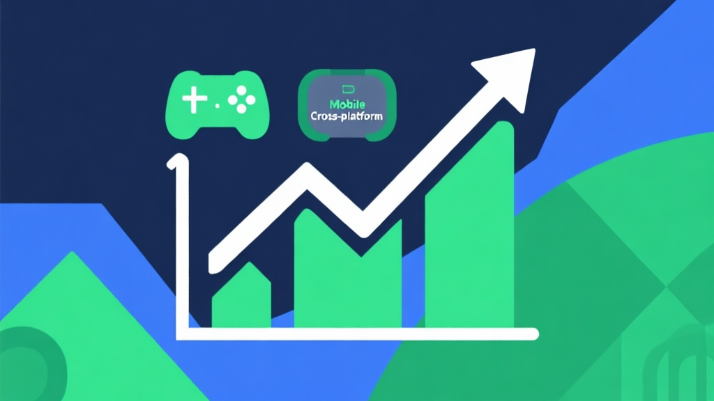 Upward trending graph with simple geometric elements, green and blue color palette, clean business infographic style, minimal design, representing growth of mobile and cross-platform gaming high quality illustration, detailed, 16:9