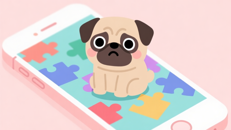 自动生成图片: A cute, tired-looking pug dog character with big dark circles under its eyes, sitting amidst colorful, simple puzzle pieces on a mobile phone screen, soft pastel background, flat cartoon illustration style, minimalist and charming high quality illustration, detailed, 16:9