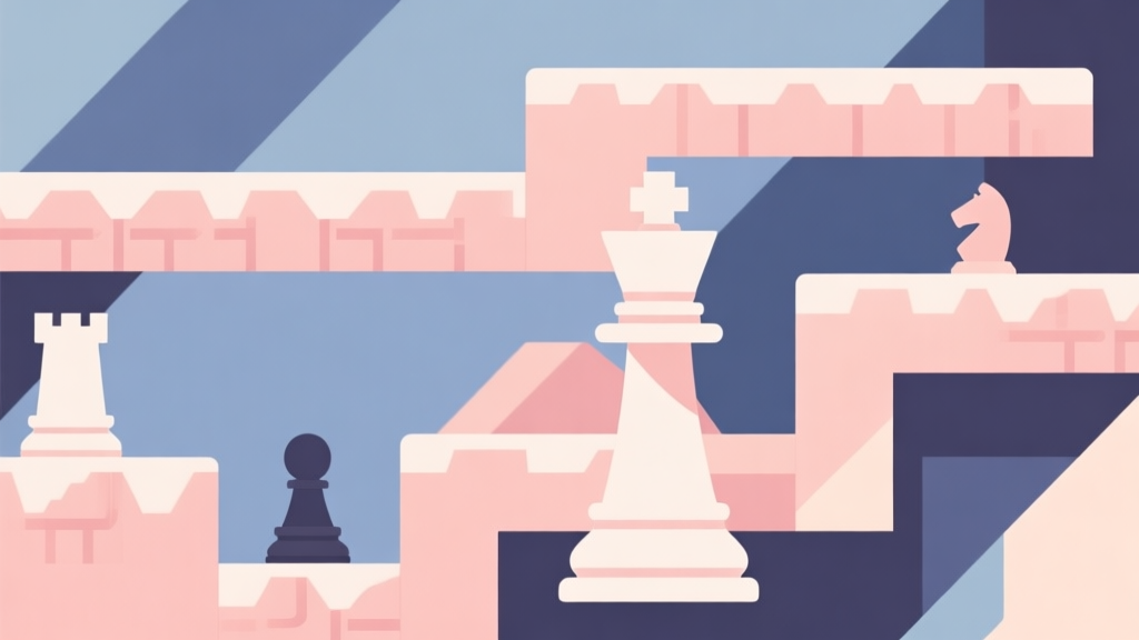 Abstract geometric composition with overlapping chess pieces and platformer level elements, soft pastel colors, modern minimal style, professional game design concept illustration high quality illustration, detailed, 16:9