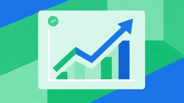 自动生成图片: Upward trending graph with simple geometric elements, green and blue color palette, clean business infographic style, minimal design high quality illustration, detailed, 16:9