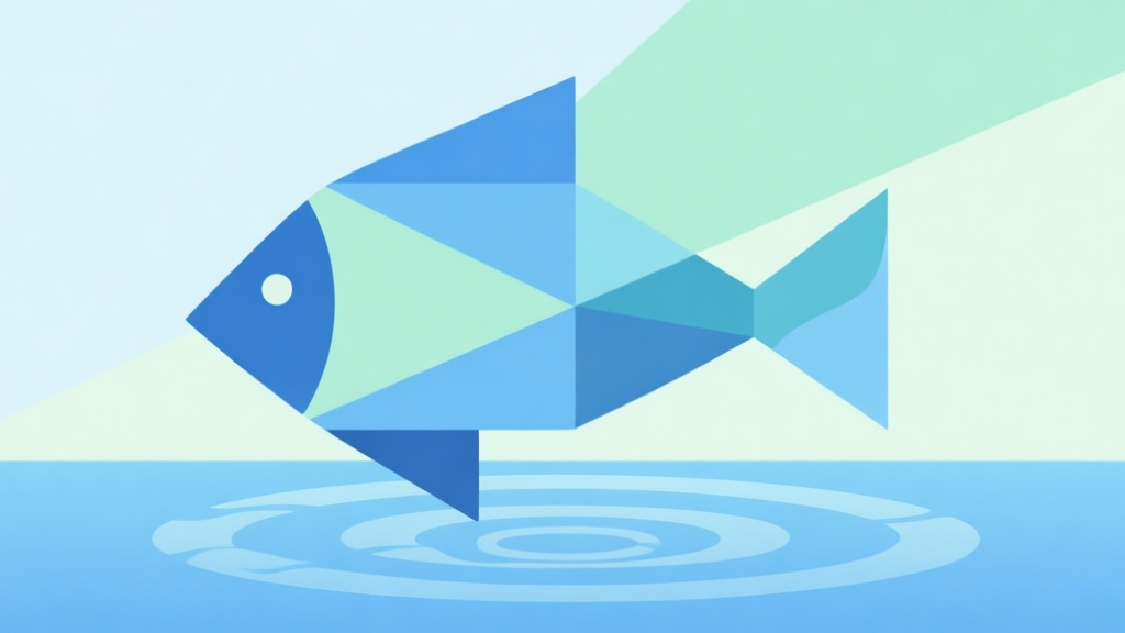 Abstract geometric composition with overlapping shapes representing fish and water ripples, soft pastel colors of blue and green, modern minimal style, professional business concept illustration for a game high quality illustration, detailed, 16:9