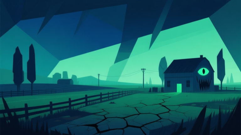 自动生成图片: Abstract geometric composition showing a rural farm landscape merging with horror elements like glowing eyes and cracked earth, soft eerie green and dark blue color scheme, modern minimal style, conceptual illustration of unique game setting high quality illustration, detailed, 16:9