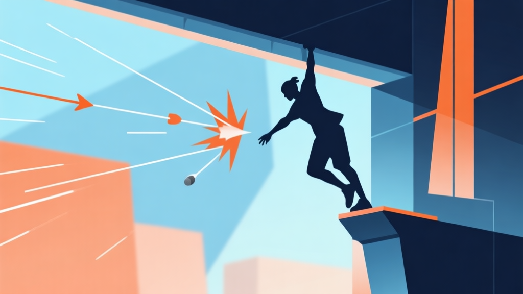 Abstract geometric composition showing a character silhouette hanging on a ledge, with impact lines and trajectory arrows indicating a throw and stage spike, soft blue and orange color scheme, clean minimal esports illustration style high quality illustration, detailed, 16:9