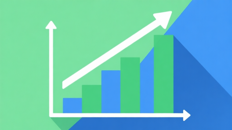 自动生成图片: Upward trending graph with simple geometric elements, green and blue color palette, clean business infographic style, minimal design, representing market growth high quality illustration, detailed, 16:9