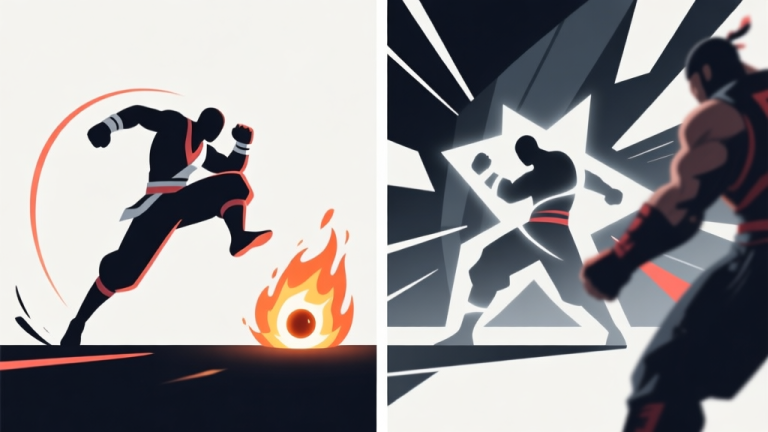自动生成图片: Abstract split-screen illustration comparing two movement styles in a fighting game. Left side shows a character performing a low arc jump (hop) over a fireball, minimalist design. Right side shows a character vanishing and reappearing (warp) behind an opponent, using geometric shapes and motion lines. Clean, professional esports style. high quality illustration, detailed, 16:9