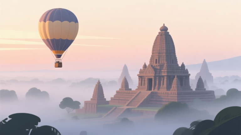 自动生成图片: A serene digital illustration of a hot air balloon floating peacefully over a majestic ancient temple complex surrounded by morning mist, soft sunrise color palette, minimalist landscape style, clean lines, sense of calm exploration high quality illustration, detailed, 16:9