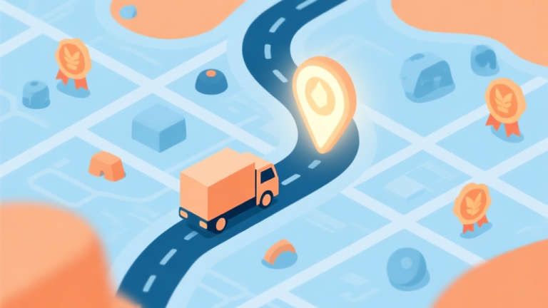 自动生成图片: A top-down minimalist map view with a stylized truck icon moving along a winding path towards a glowing destination marker, surrounded by abstract obstacles and reward symbols, in a soft blue and orange color scheme, clean infographic style high quality illustration, detailed, 16:9