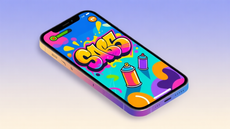 自动生成图片: A vibrant, stylized smartphone screen showing a colorful graffiti art game interface, with spray cans and abstract shapes, set against a minimalist gradient background, modern digital illustration style high quality illustration, detailed, 16:9