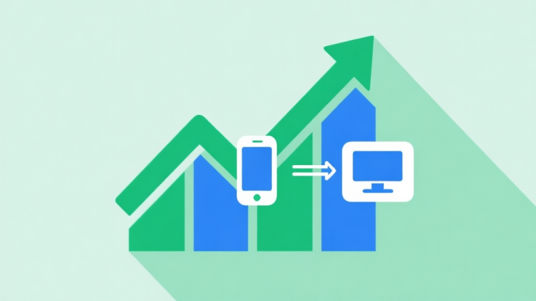 自动生成图片: Upward trending graph with simple geometric elements, green and blue color palette, clean business infographic style, minimal design, showing mobile and PC icons merging high quality illustration, detailed, 16:9