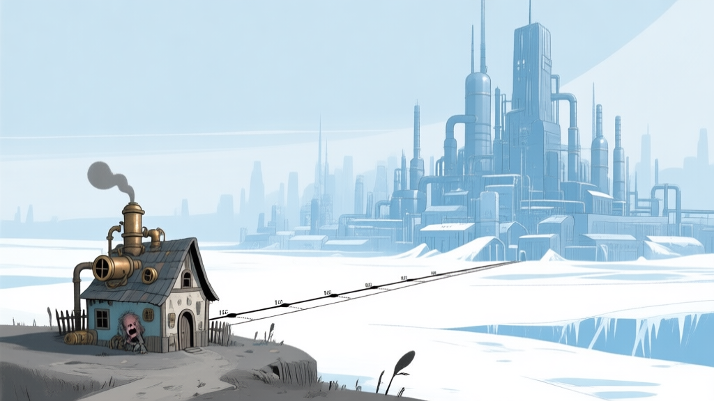A stark contrast illustration showing a small, desperate steampunk settlement next to a sprawling, industrial frostpunk metropolis, connected by a timeline, minimalist style with cool blue and metallic grey colors, clean lines high quality illustration, detailed, 16:9