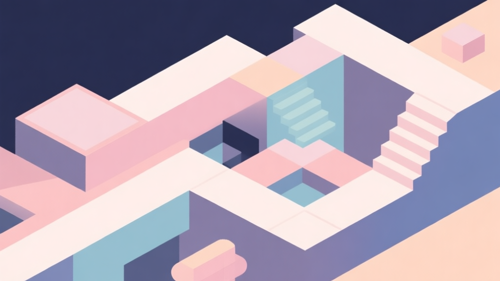 Abstract geometric composition with overlapping shapes representing game levels, soft pastel colors, modern minimal style, professional gaming trend concept illustration high quality illustration, detailed, 16:9
