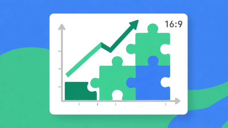自动生成图片: Upward trending graph with simple geometric elements representing puzzle pieces, green and blue color palette, clean business infographic style, minimal design high quality illustration, detailed, 16:9