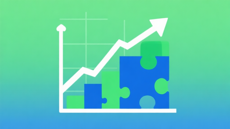自动生成图片: Upward trending graph with simple geometric elements, green and blue color palette, clean business infographic style, minimal design, representing growth of puzzle game genre high quality illustration, detailed, 16:9