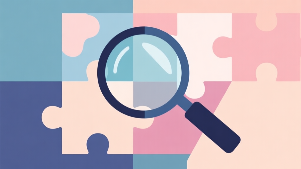 Abstract geometric composition with overlapping shapes forming a magnifying glass and puzzle pieces, soft pastel colors, modern minimal style, professional game concept illustration high quality illustration, detailed, 16:9