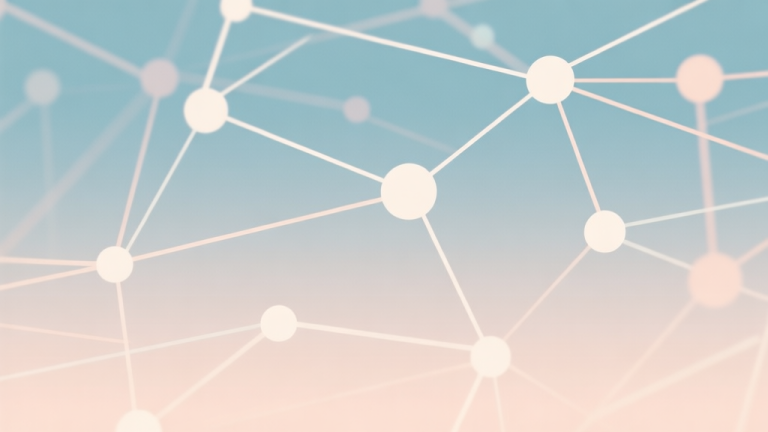 自动生成图片: Abstract network nodes connected by lines, soft color scheme, clean minimal illustration, modern digital concept of nostalgia and connection high quality illustration, detailed, 16:9