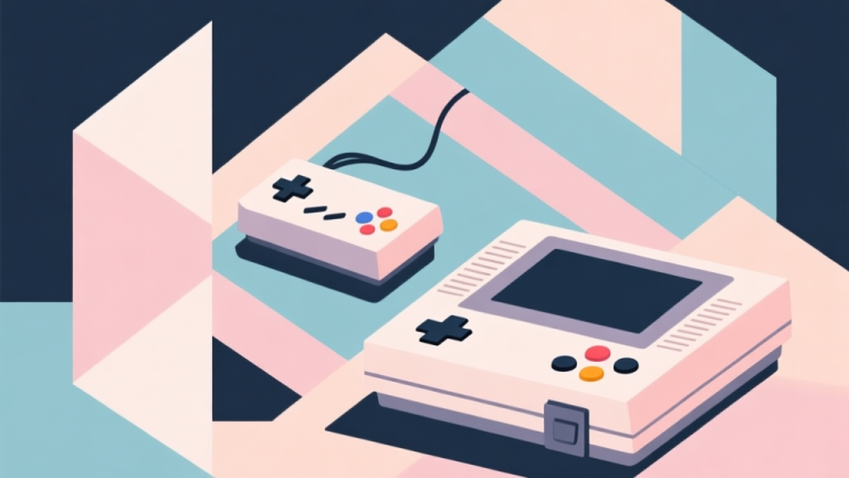 自动生成图片: Abstract geometric composition with overlapping shapes representing old and new game consoles, soft pastel colors, modern minimal style, professional business concept illustration of nostalgia and technology high quality illustration, detailed, 16:9